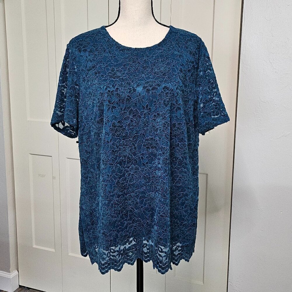 Teddi Rose Teal Floral Lace Overlay Blouse Short Sleeve Scalloped Hem Boho